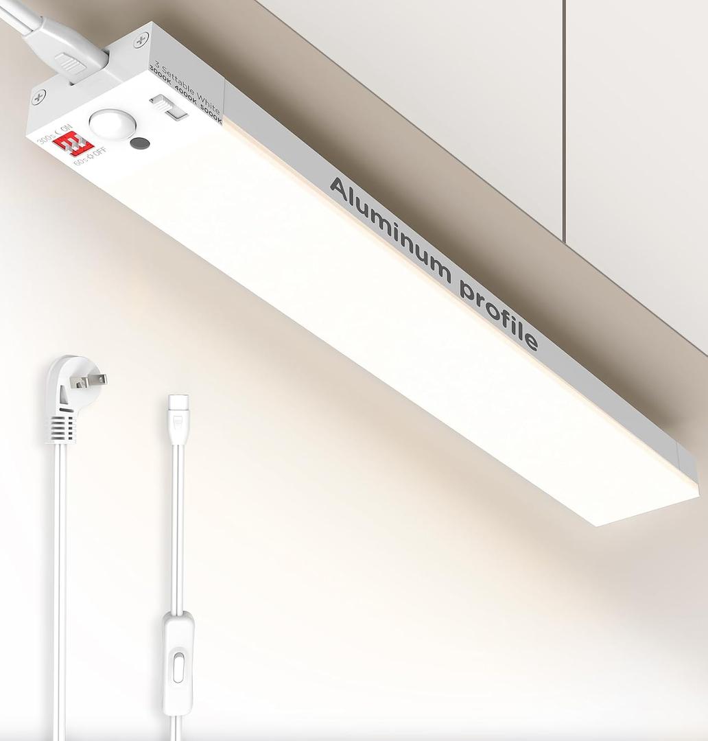 Under Cabinet Lighting Plug in, 24 Inch Motion Sensor Light with Timer, 3CCT 3000K/4000K/5000K, Linkable Ultra Bright Aluminum Counter LED Lights Indoor for Kitchen, Closet, White, 1 Pack