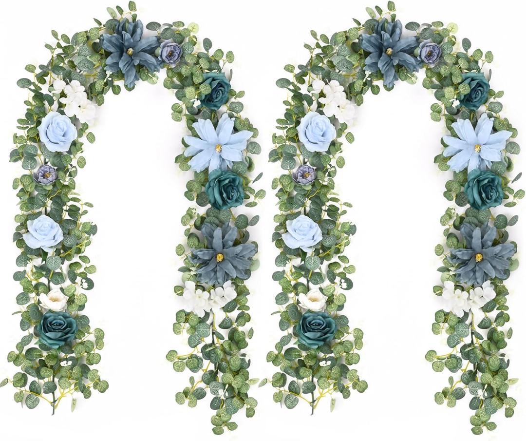 Waipfaru 2Pcs Artificial Eucalyptus Garland with Flowers 6.07Ft, Wedding Table Decorations, Floral Rose Garland for Centerpieces Backdrop Wall Flower Vines for Room Decor (Dusty Blue)