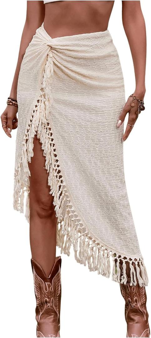 SHENHE Women's Twist Front High Slit Fringe Skirt Asymmetrical Tassel Boho Midi Skirt (Medium, Apricot)