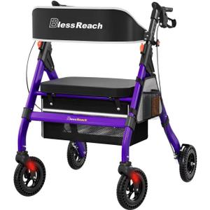 BlessReach Foldable Heavy-Duty Rollator Walker with Seat for Seniors,Purple | Folding Aluminum Rolling Walker, 400 lb Capacity, 8'' Wheels, 18" Big Seat, 6-Position Adjustable Height
