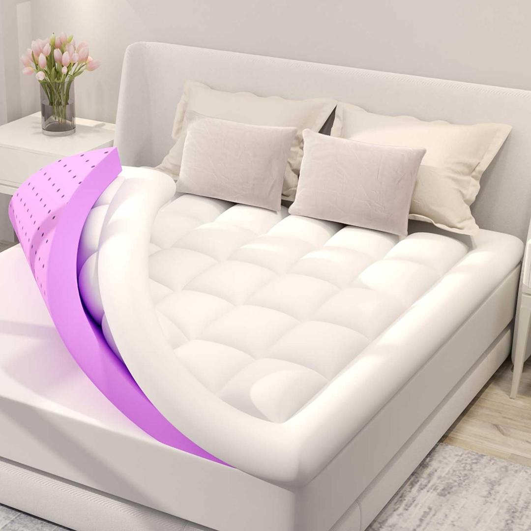 BDEUS Dual Layer 5 Inch Memory Foam Mattress Topper Queen Size, 2 Inch Gel Memory Foam Plus 3 Inch 1450 GSM Down Alternative Quilted Pillow Top Mattress Pad Cover,White