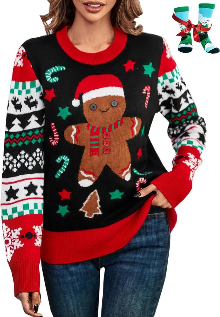 LANPULUX Christmas Sweater for Women Crewneck Adorable Ugly Christmas Sweater Family Matching Outfits Loose Pullover Knitwear (M)