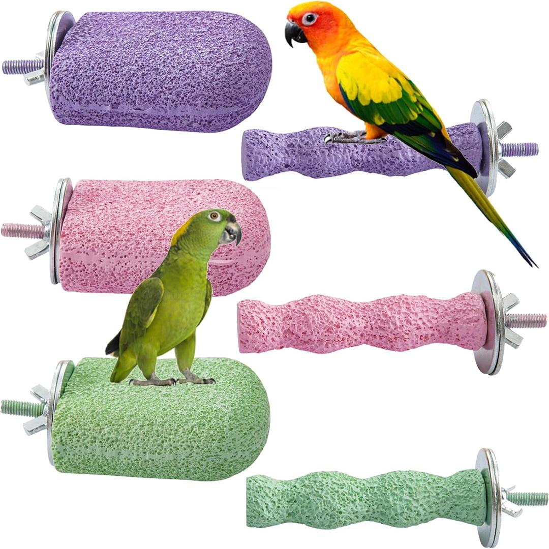 6 Pack Bird Beak Grinding Calcium Stone, Parrot Cage Perch Stand Platform Foot Claws Trimmer, Parrot Teething Stone Toy, Bird Cage Accessories for Parakeet, Rabbit, Bunny, Hamster, Chinchilla (Small) (Purple Pink Green)