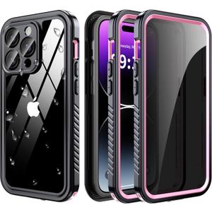 for iPhone 14 Pro Case Waterproof - Built-in Privacy Screen Protector & HD Screen Protector [IP68 Underwater] Shockproof Dustproof Full Body Protection iPhone 14 Pro Phone Case Pink