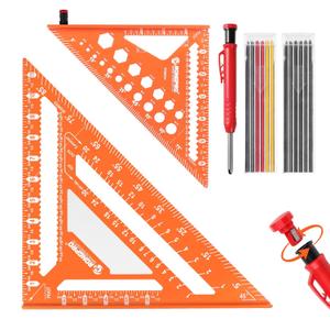 2pcs Rafter Square, 12-inch & 7-inch Carpenter Sqaure Set with Woodworking Pencil, Carpenter Measuring Layout Tool, Aluminum Alloy Triangle Ruler for Woodworking- Imperial