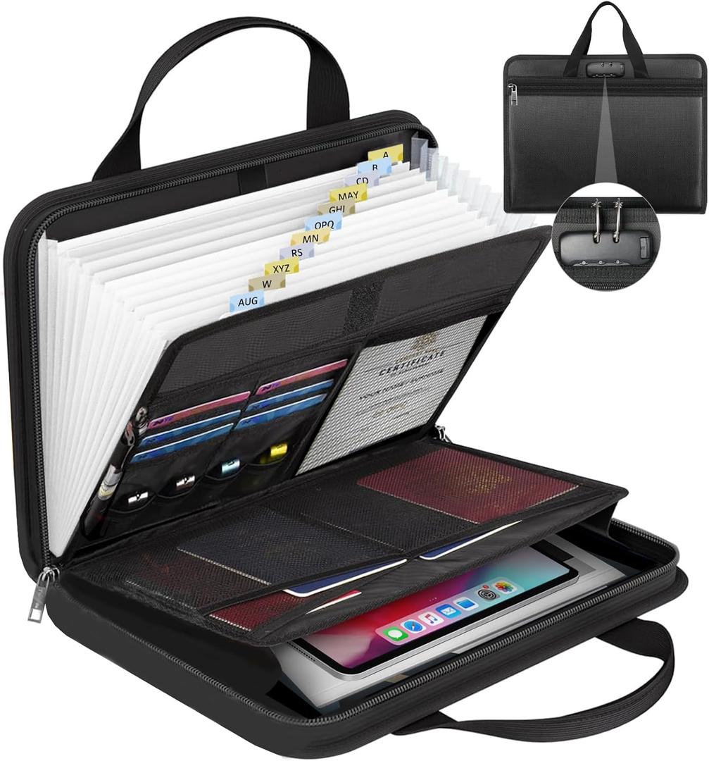 onvvippiv File Organizer Fireproof Expanding Accordion File Folder with Lock Zipper Labels13 Pockets Document Organizer Holder Storage Box Bag for Business Office Receipt Home Travel (Black)