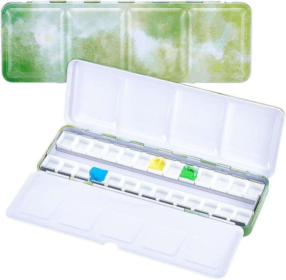 NBEADS Empty Travel Watercolor Palette, 8.72.90.9 Inch Empty Watercolor Tin Box Palette with 26 Pcs Plastic Grids Metal Paint Case for Gouache, Studio & Outdoor Painting, Yellow Green