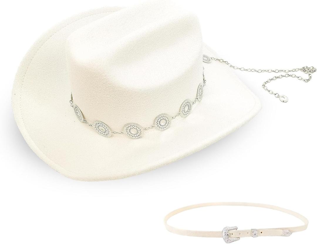 Classic Western Cowboy Hat for Men & Women, Felt Cowgirl Hat with Two Decorative Bands, Wide Brim, All-Season Wear (White)