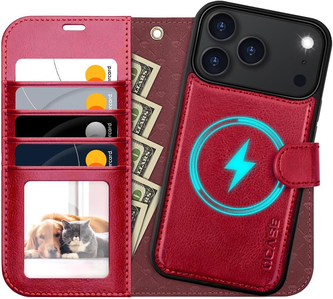 OCASE for iPhone 17 Pro Max Detachable Wallet Case with Card Holder, 2 in 1 PU Leather Flip Folio with RFID Blocking Stand Wrist Strap Shockproof Phone Cover 6.9 Inch 2025, Red