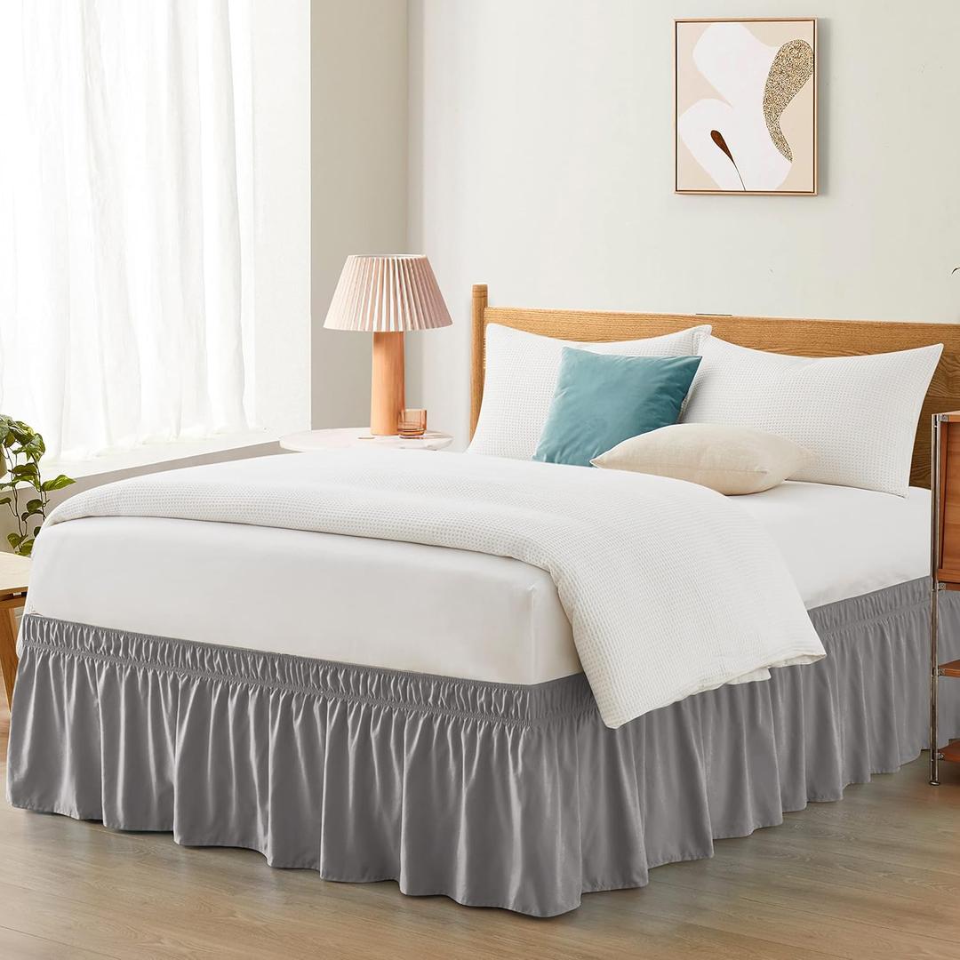 Entisn Grey Adjustable Bed Skirt for Twin & Twin XL Bed - with 14 Inch Tailored Drop, Wrap Around Bed Skirts with Adjustable Elastic Belt for Easy Fitting - Wrinkle & Fade Resistant