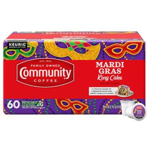 Community Coffee Mardi Gras King Cake Flavored, 60 Single-Serve Keurig K-Cup Pods, Medium Roast, 60 Count (Pack of 1) (EXP 12/01/26)