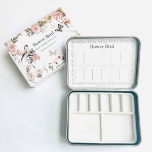 Bower Bird Travel Watercolor Palette, Portable Ceramic Palette 6 Well, Empty Paint Palette, Small Travel Metal Paint Box with Porcelain Palette (6Well)