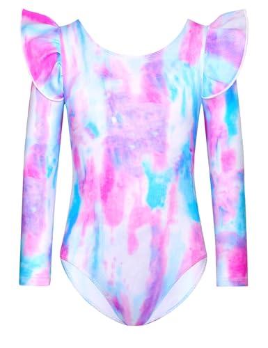 Tziharora Leotards for Girls 8-9 Years Old Long Sleeve Ruffle Gymnastics Bodysuits Pink Blue Scrawl Leos, 140