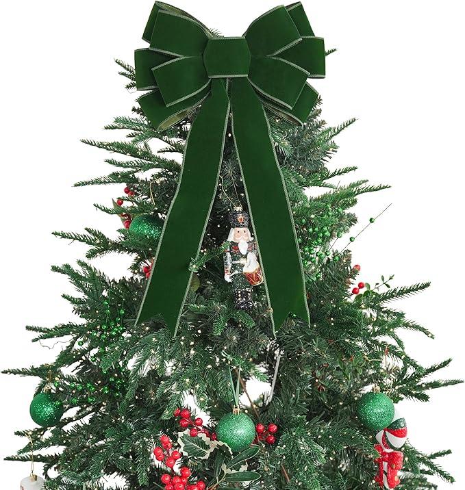 LiBongTa 13" Moss Green Bow PreTied Bow for Christmas Tree, Green Velvet Ribbon Bows for Wreaths, Premade Tree Toppers Bows for Gift Wrapping, Party Favor, Christmas Home Indoor Outdoor Decor1 Count