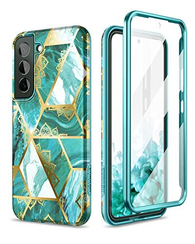 SURITCH for Samsung Galaxy S22 Case, [Built-in Screen Protector] Full Body Protection Shockproof Rugged Bumper Slim Soft Silicone Protective Cover for Galaxy S22 6.1 Inch (Green Mandala)