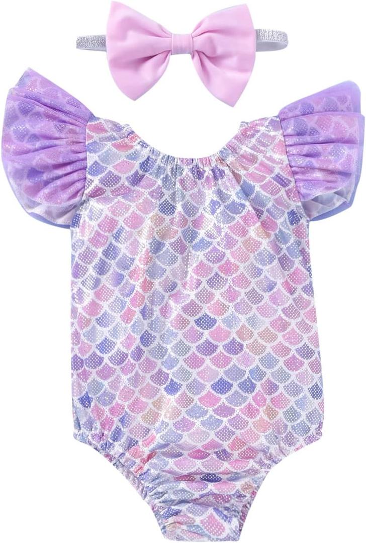 Toddler Girl Baby Ruffles Mermaid Fish Scale Swimsuit One Piece Swimwear Bathing Sunsuit (2-3T, Purple)