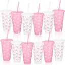 Pickmesh 12 Pcs 24 oz Valentine's Day Pink Bow Plastic Cups with Lids and Straws Coquette Galentines Party Supplies Pink Bow Reusable Tumbler Bulk for Galentines Bachelorette Birthday Party Decoration