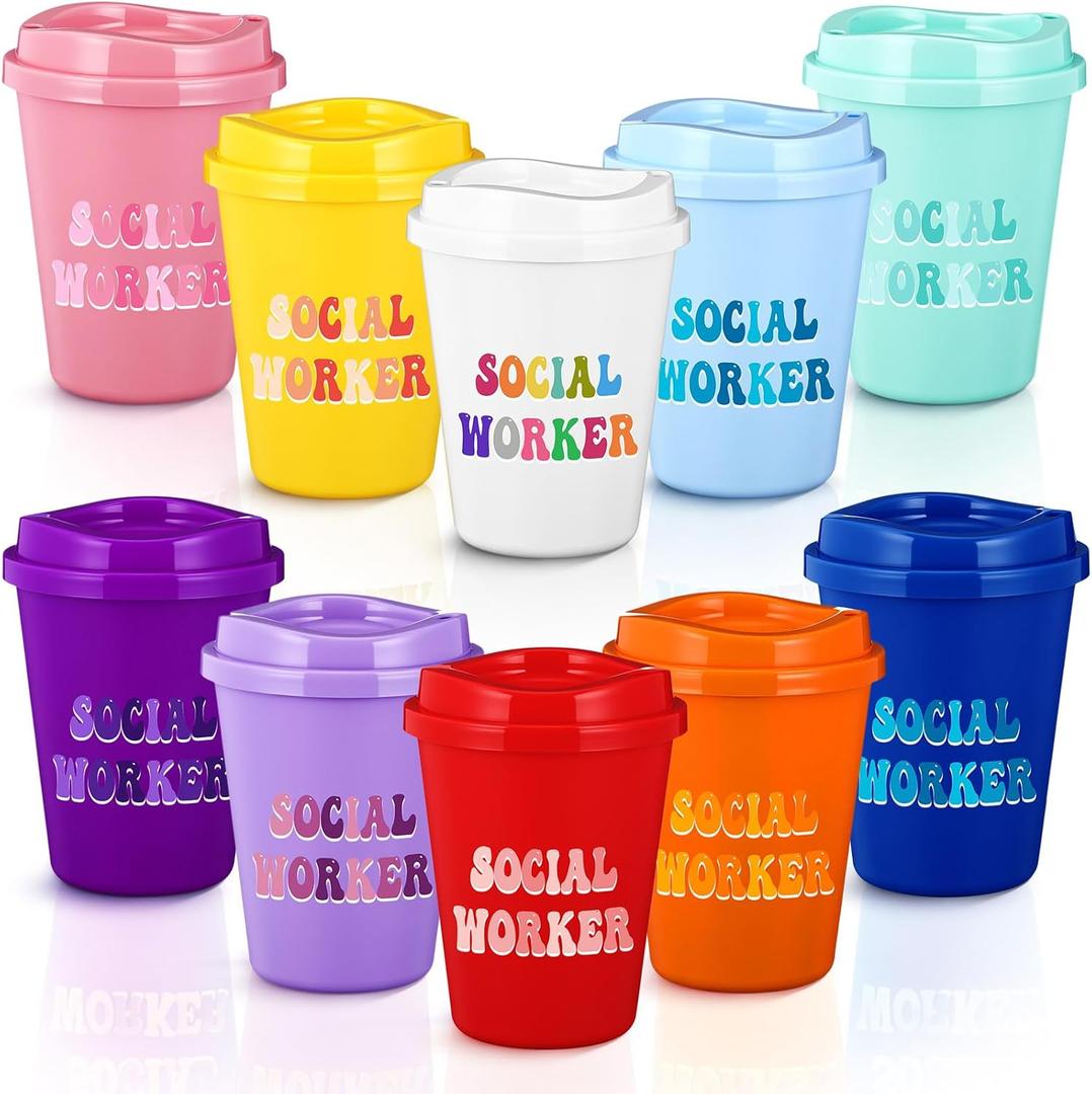 LemonRoad 10 Pcs Social Worker Appreciation Gifts Bulk Social Worker Graduation Gifts 12oz Reusable Plastic Tumblers with Lids for Bsw Msw Dsw Lcsw Volunteer School Staff Coworker Office Women Men