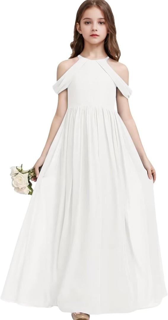 Girls A-Line Maxi Dress Junior Bridesmaid Flower Girl Dresses Girl Off-Shoulder Chiffon Dress for Wedding Pageant, 
(13-14Y White)