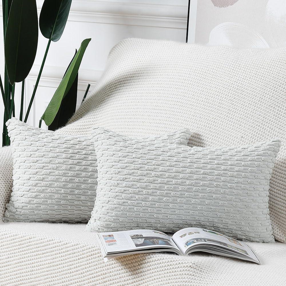 MADIZZ Pack of 2 Boho Corduroy Striped Throw Pillow Covers 12x20 Inch Greyish White Soft Decorative Cushion Cover for Bedroom Sofa Pillow Shell