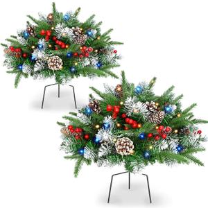 2 Pack Christmas Decorations Outdoor - 21" Pre-Lit Outdoor Christmas Tree with Lights, Prelit Planter Bushes with Remote, Christmas Planter Urn Filler for Front Porch Pathway Yard Garden Holiday Decor