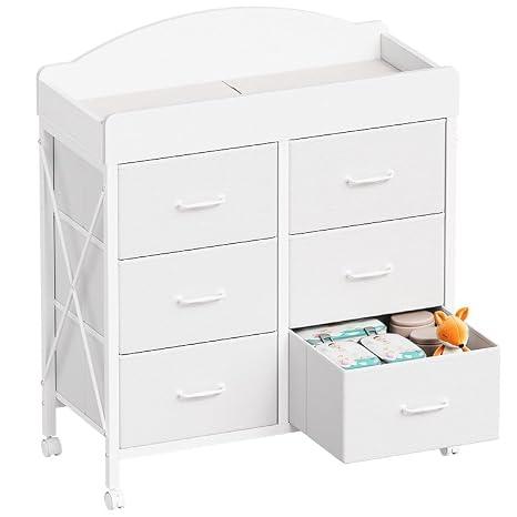 YeTom Changing Table Dresser, 6 Fabric Drawers, Mobile Storage, White
