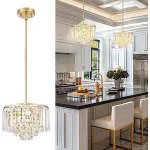 Polished Gold Chandelier, 4-Tier Crystal Pendant Light fixtures, Vintage Hanging Light, Chandeliers for Dining Room Kitchen Island Bedroom Entryway, CC4215-3W-PG