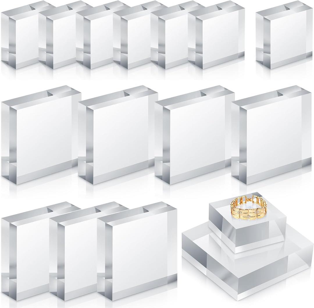 Remerry 16 Pcs Clear Acrylic Blocks Square Display Block Clear Polished Cube Acrylic Jewelry Display Stand Ring Showcase Holder Base(2 x 2 x 1 Inch, 4 x 4 x 1 Inch)