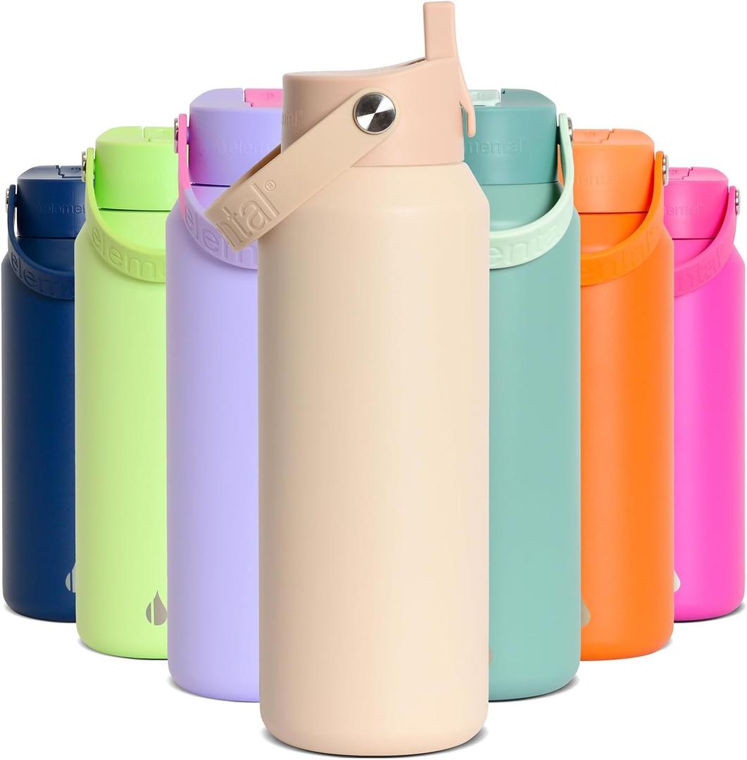 Elemental 40oz Insulated Water Bottle with Straw - 100% Leak-Proof Stainless Steel Core Water Bottles for Travel, Sports and Gym - Double Wall Insulation & BPA Free - Beige