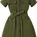 OYOANGLE Girl's Button Down Collared Dress Short Sleeve A Line Casual Belted Dresses Green 11-12Y