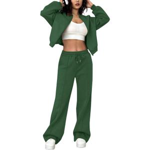 LovelyWholesale Women Sweatsuits 2 Piece Set Zip Up Sweatshirt and Wild Leg Sweatpants Set (Small, Green)