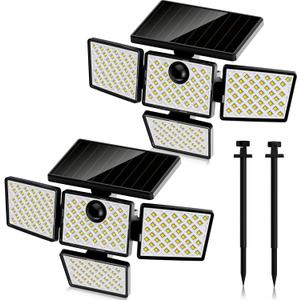 K KASONIC - Solar Motion Sensor LED Security Lights With 4 Heads, IP65 Waterproof Wall Flood Lights, Outdoor With Ground Stake for Garden Pathway Patio Yard, 2 Packs