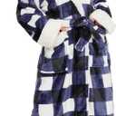 Plush Robes for Women, Hooded Bathrobe Long Fluffy, Womens Fuzzy Fleece Warm Soft Cozy Robe (Blue, XXXL)