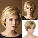 Short Hair Pixie Wig - Mix Blonde, Straight Cut With Bangs, Synthetic, Realistic for White Women