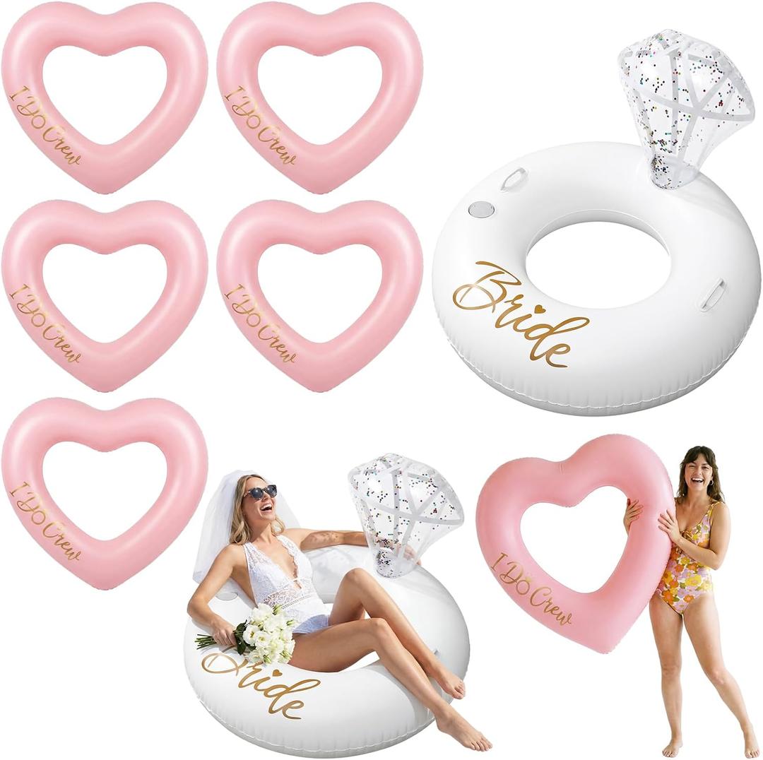 Thenshop 6 Pcs Bachelorette Pool Floats - 1 Diamond Ring & 5 Pink Heart Loungers - Inflatable Party Decorations for Bridal Shower, Engagement, Weddings - Photo Props for Bride & Bridesmaids