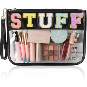 BuyCard Clear Stuff Bag for Travel, Preppy Chenille Letter Embroidered Zipper Pouch, Waterproof PVC & PU Leather Cosmetic Bag, Toiletry Makeup Bag for Women Girls Black