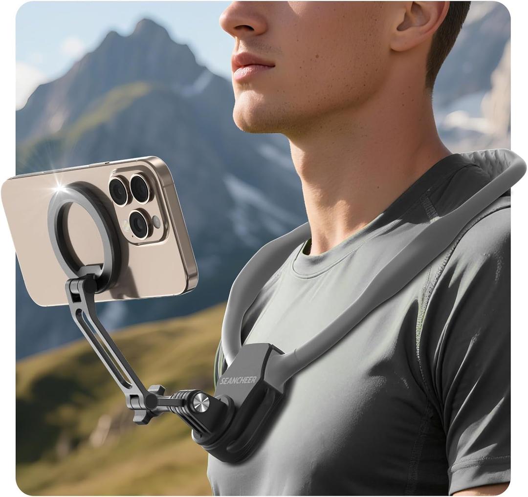 Magnetic Neck Mount for Phones,Neck Phone Holder for Recording,Hands Free POV/Vlog Cell Phone Holder for Phone Android GoPro DJI iPhone 16 15 14 13 12 Seires,Content Creator Phone Holder-Dark Gray