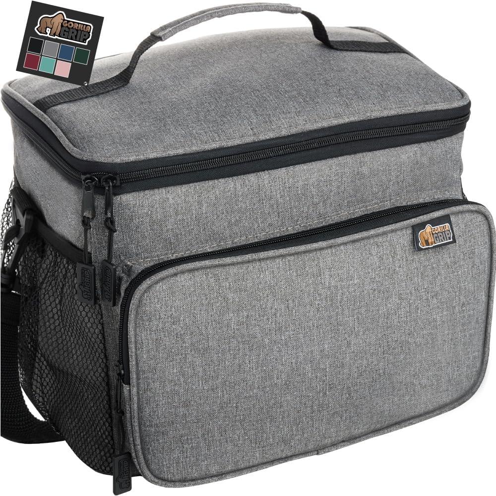 GORILLA GRIP Insulated Lunch Box Bag for Women Men,15L, Leakproof XL Reusable Soft Cooler Bags, Multiple Compartments, Mesh Pockets and Adjustable Strap, Food Tote Keeps Drinks Cold, 13x9, Light Gray