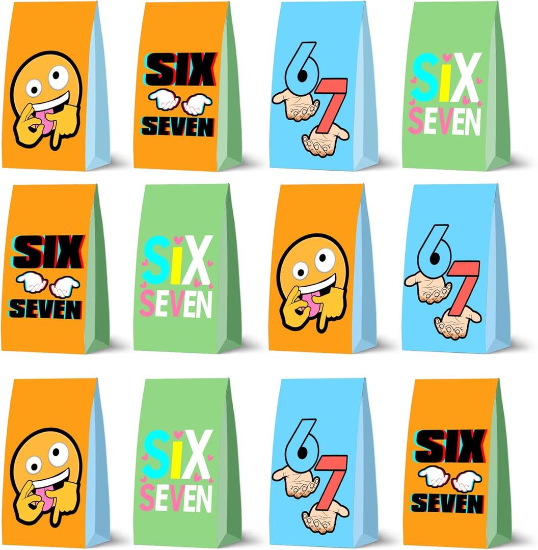 12 Pcs 6 7 Party Favor Bags - Six Seven Themed Paper Gift Bags for Kids Birthday Decorations, Basketball Fan Party Supplies with 6 7 Meme Prints