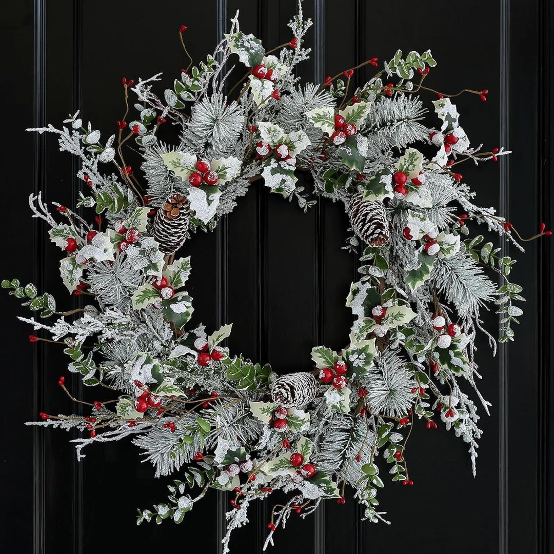 Hometrance Winter Christmas Wreaths for Front Door 20 Inches, Faux Xmas White Red Wreath for Window Outdoor Outside, Artificial Farmhouse Holiday Modern Wreath for Indoor Porch Decor (Green 04)