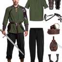 8 Pcs Men's Renaissance Costume Halloween Medieval Pirate Shirt Pant Viking Costume Accessories Set (Brown, L)