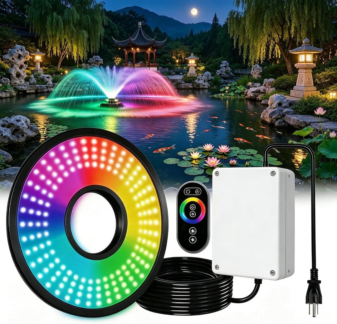Pond Fountain Aerator Lights RGBW 20000LM LED Fountain Light with 100FT Power Cord AC 120V, 100ft Cable with Controller IP68 Waterproof,Wireless Sync Control with Most Pond Aerators