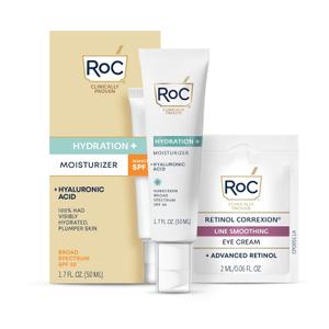RoC Multi Correxion 1.5% Pure Hyaluronic Acid Anti Aging Daily Face Moisturizer with Sunscreen, SPF 30 Broad Spectrum Moisturizer + Retinol Eye Cream Packette (EXP 04/2027)