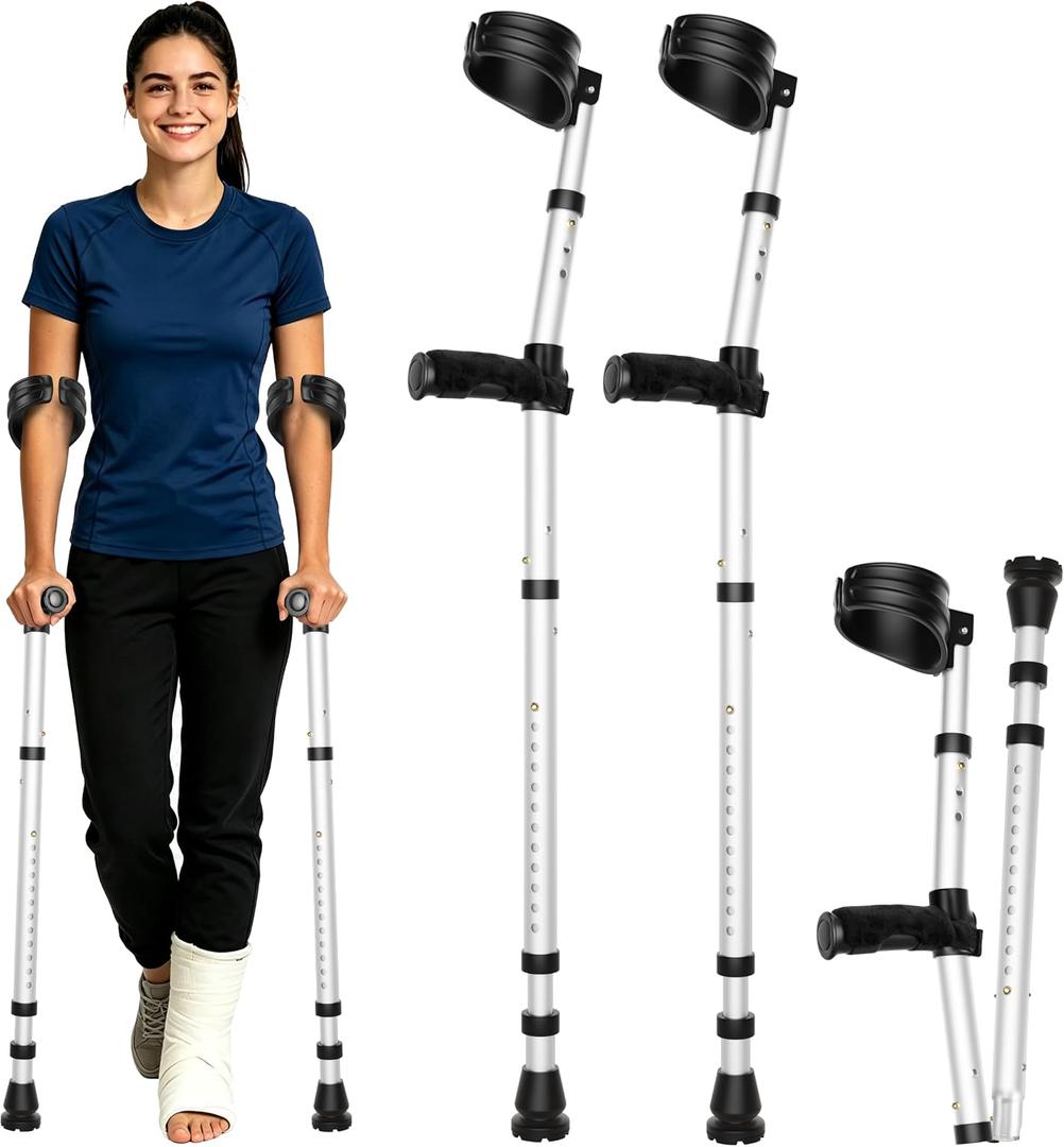 Forearm Crutches for Adults, Lightweight Aluminum Walking Crutches with 15-Level Adjustable Height, Arm Cuff, Shock Absorber, Ergonomic Handles, Comfortable Grip, Anti-Slip, Foldable, 350LBS, 1 Pair