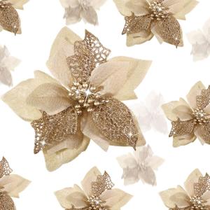 WILLBOND 36 Pieces Christmas Poinsettia Glitter Faux Flowers Christmas Artificial Flowers Tree Ornaments Topper Xmas Decorations(Champagne)