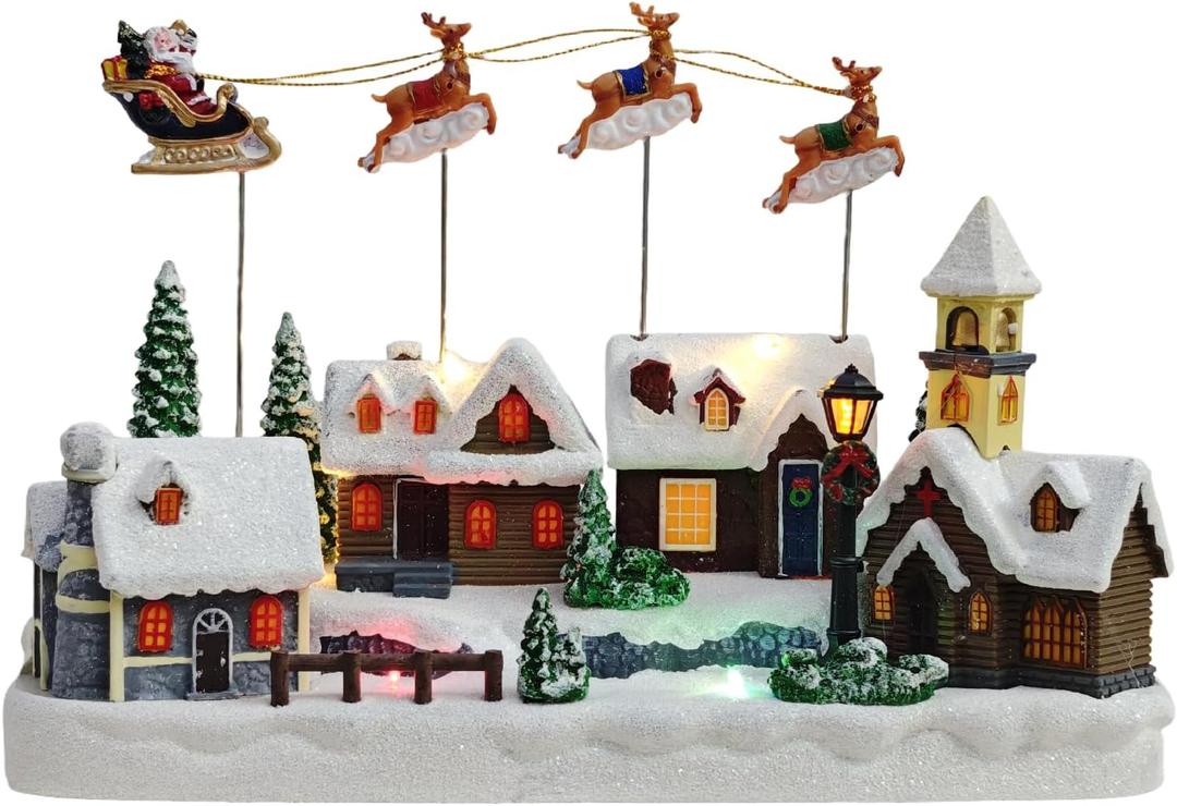 Christmas Village, Colorful Animated Scenes with Santa Reindeer Sleigh Musical Christmas Village Houses Collectible Building for Xmas Indoor Decorations