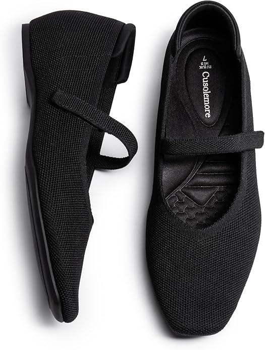 CUSOLEMORE Mary Jane Flat Shoes for Women with Arch Support and Concealed Low Wedge Heel, Comfortable Women Square Toe Ballet Flats Knit Dress Shoes, Size 10