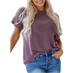 Verdusa Women's Striped Shirt Color Block Crew Neck Babydoll Casual Tops (L)