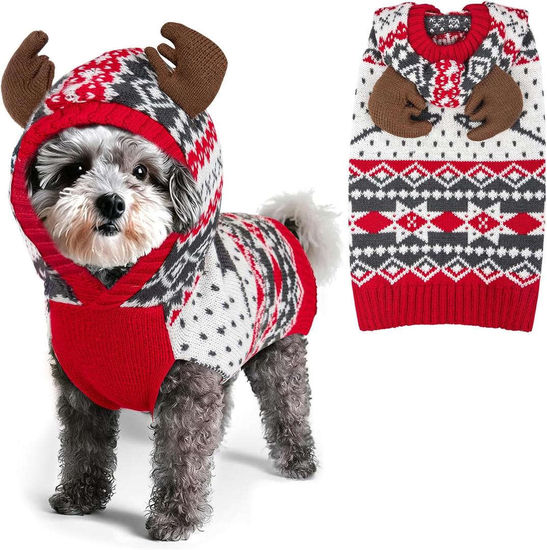 KYEESE Dog Christmas Sweater, Warm Dog Sweater for Small Dogs Boy Girl with Cute Reindeer Antler Hood, Soft Knitwear with Leash Hole, Cozy Holiday Pet Outfit for Winter, Large (Large (11-19lbs))