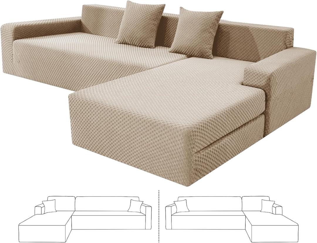 ZNSAYOTX Sectional Couch Covers, Stretch Jacquard Slipcovers with Elastic Bottom for L-Shape Sectional Sofa, 2 Pcs Dog Pet Friendly Modular Sofa Protector (3 Seat Couch + 2 Seat Chaise, Khaki)